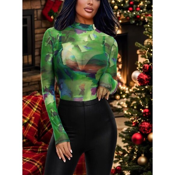 Women Green Long Sleeve Mock Neck Fitted Sexy See Through Mesh Going Out Tops - Picture 6 of 7